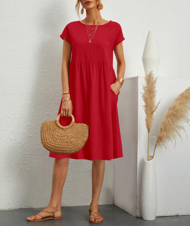 Fashion Summer OL Temperament Women's Clothing Cotton and Linen Round Neck A-shaped Skirt Large Size Loose Dress