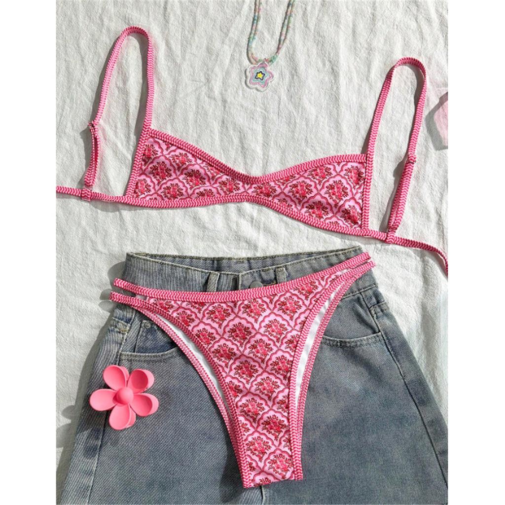 S - XL Flowers Printed High Leg Cut Bikini Female Swimsuit Women Swimwear Two-pieces Bikini Set Bather Bathing Suit Swim V6965