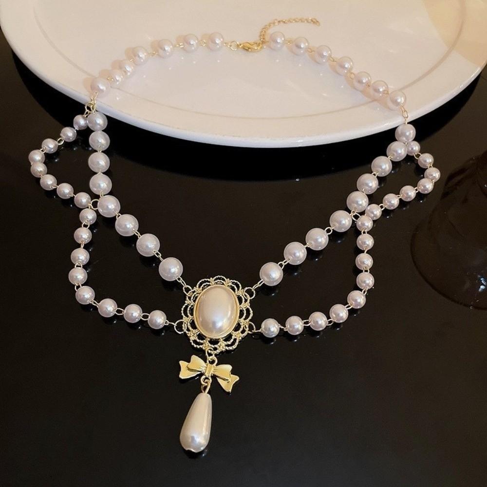 Bowknot Pendant Imitation Pearl Necklace Palace Style Bridal Jewelry Accessories  Gift S