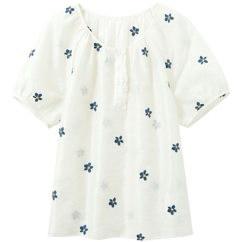 

San Cai Floral Embroidered Short Sleeve Blouse S