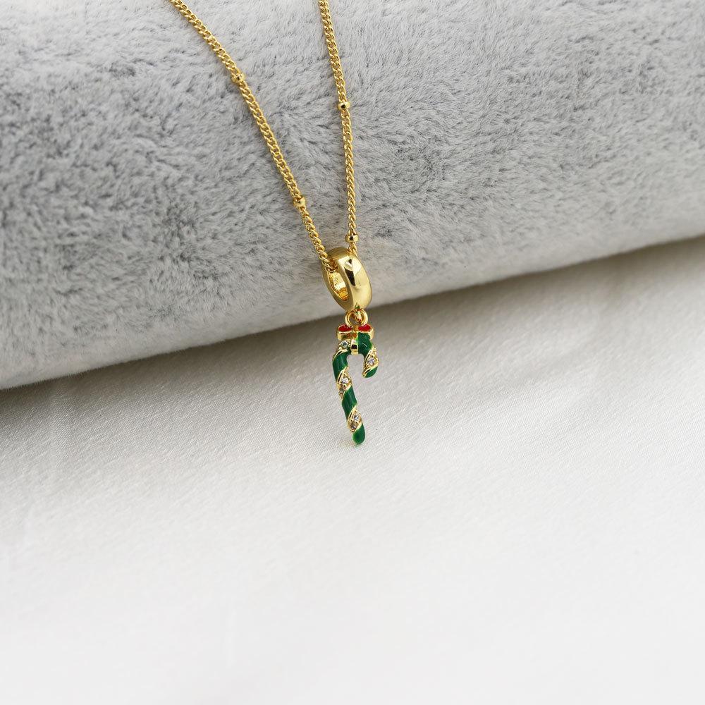 18k Gold Christmas Candy Cane Pendant Necklace with Bow