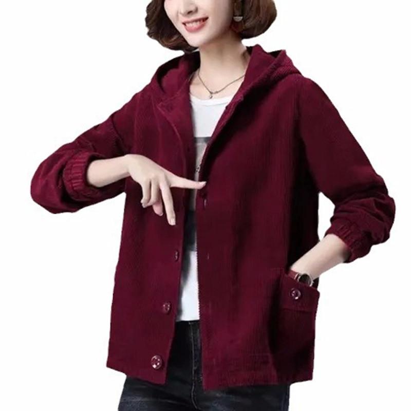 Corduroy Short Coat Women's Spring Autumn Loose Hooded Jacket Fashion Casual Coat