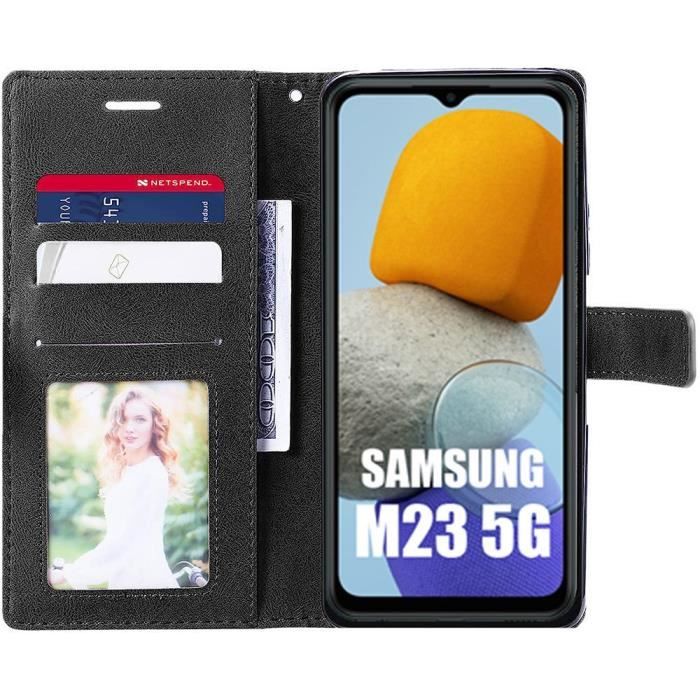 Coque pour samsung galaxy m23 5g effet cuir noir fermeture magnétique