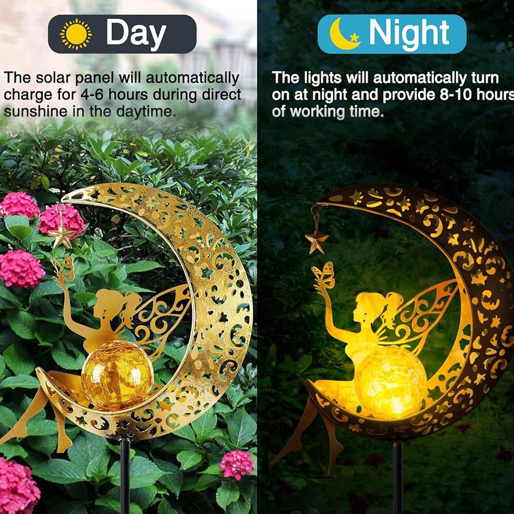 Solar Garden Statues Outdoor Decor IP65 Waterproof Moon & Fairy Solar Stake Light Moon Glass Globe with Angel Decor