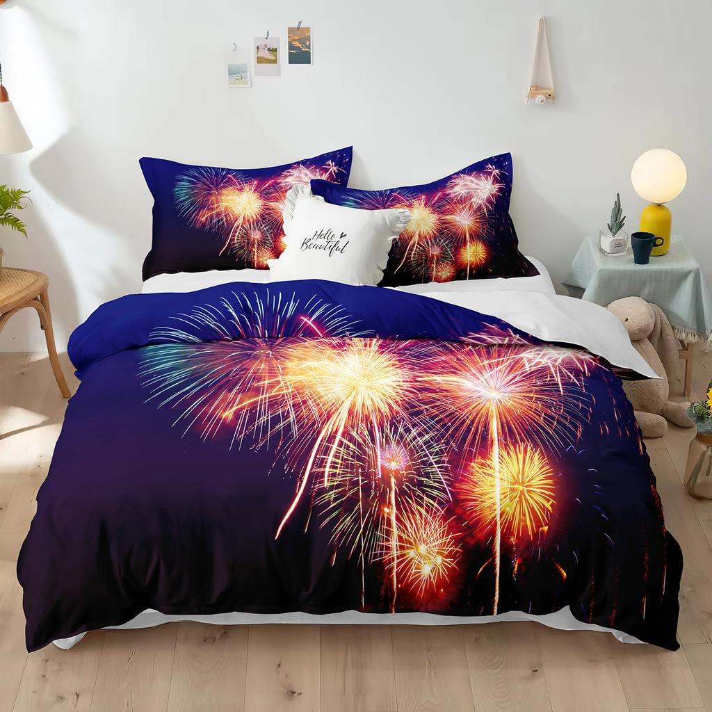Blue Fireworks Duvet Cover Set 3D Romantic Theme Beautiful City Night New Year Festival Accessories for Kids Teens Bedroom Decor