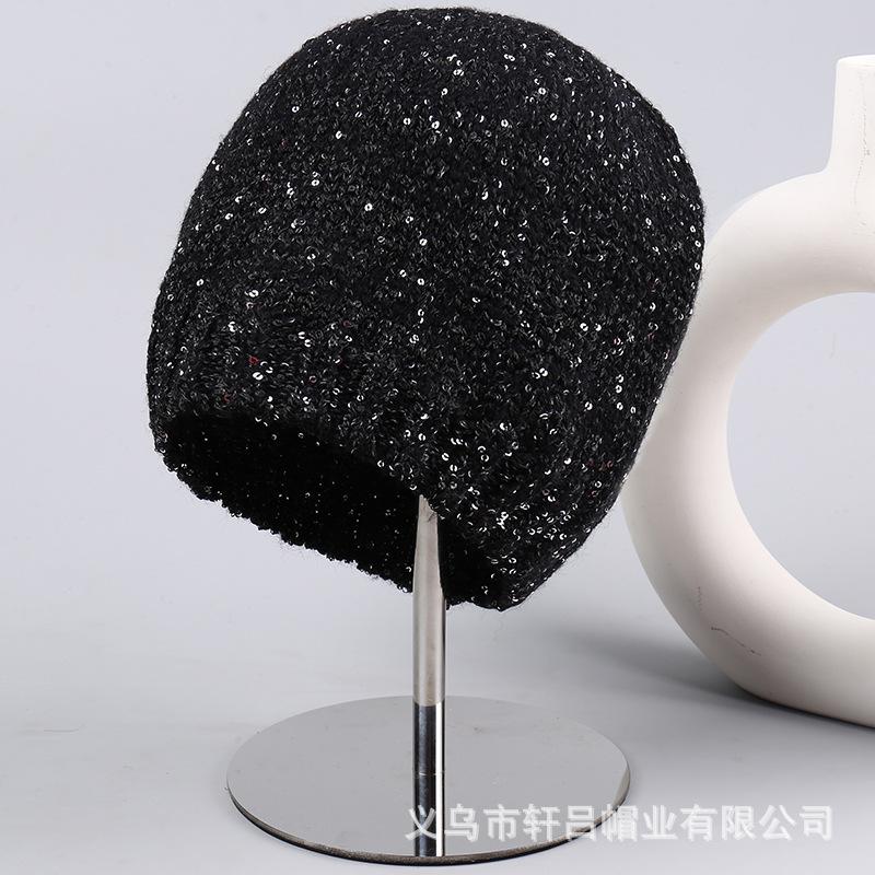 Fashion new sequined mixed yarn wool hat bag head hat men and women autumn and winter warm versatile face small knitted hat tide