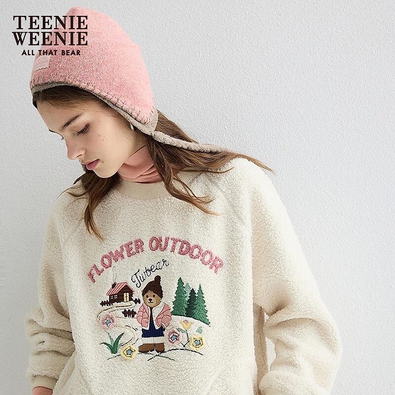 Teenie Weenie Women's 2025 Autumn Round Neck Faux Lamb Wool Sweatshirt