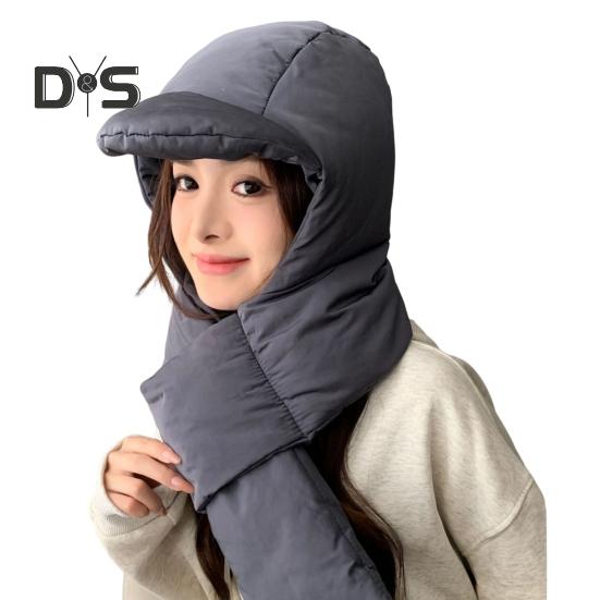 Integrierte Wintermütze und Schal für Damen, dick, warm, gepolstert, winddicht, hohe Elastizität, umfassender Schutz, Outdoor-Reisemütze bei kaltem Wetter