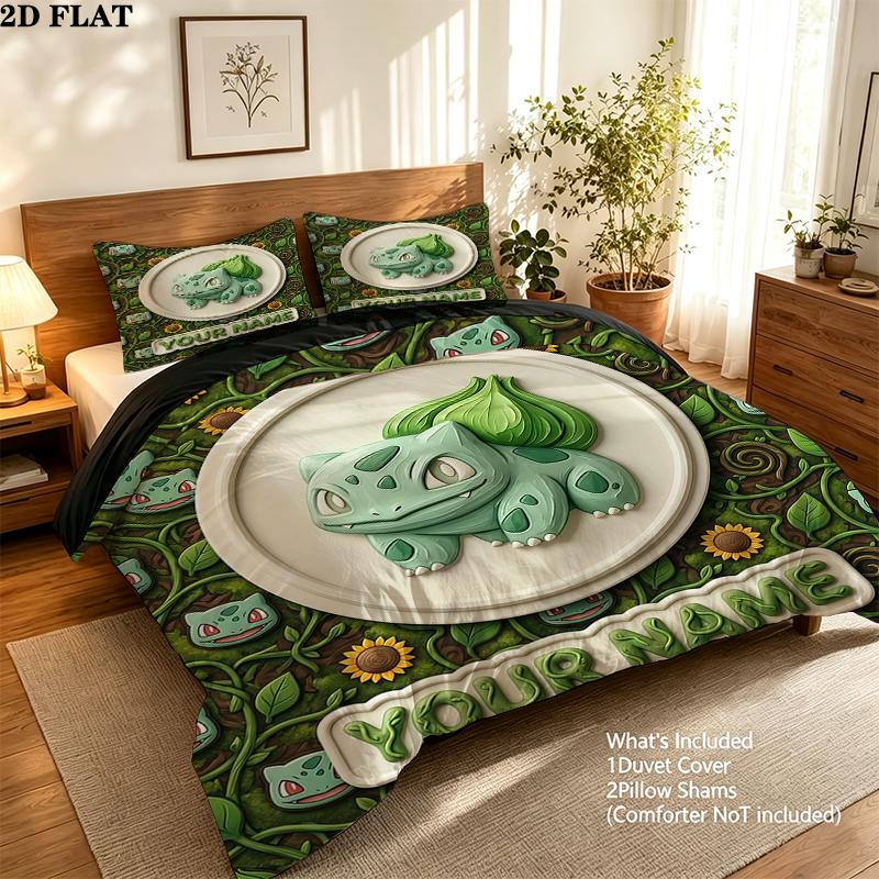 Custom Name,Bulbasaur Pattern Bedding Home Decoration Birthday Gift ( 1 duvet cover + 2 pillowcase, without core),fan merchandise.