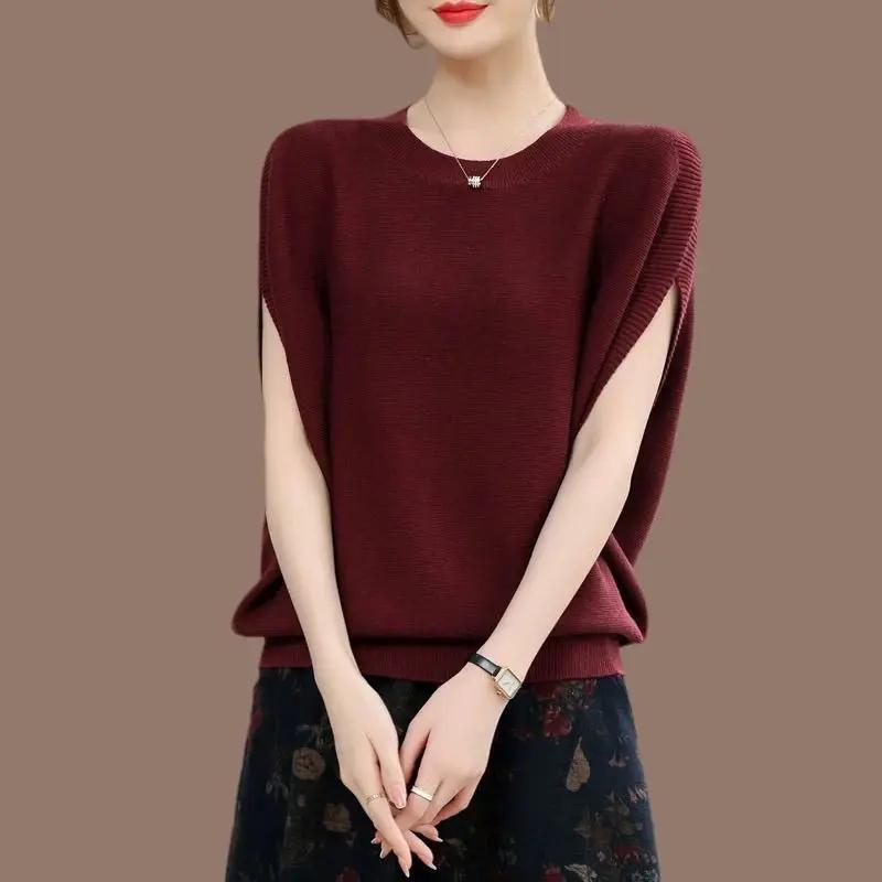 Autumn Women's Oversized Knit Top Crew Neck Split Sleeve Loose Casual Blouse