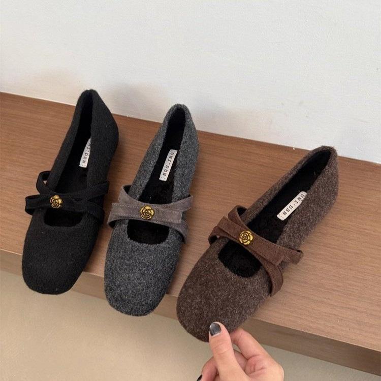 Sheepskin Version~ Heightening Retro Velvet Mary Jane Shoes Women's Autumn and Winter Bow Warm Woolen Light Mouth Single Shoes
