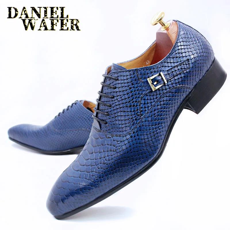 Fashion Luxury Men Leather Shoes Snake Skin Print Business Dress Formal Classic Style Burgundy Blue Pointed Toe Lace Up Oxford Shoes Men