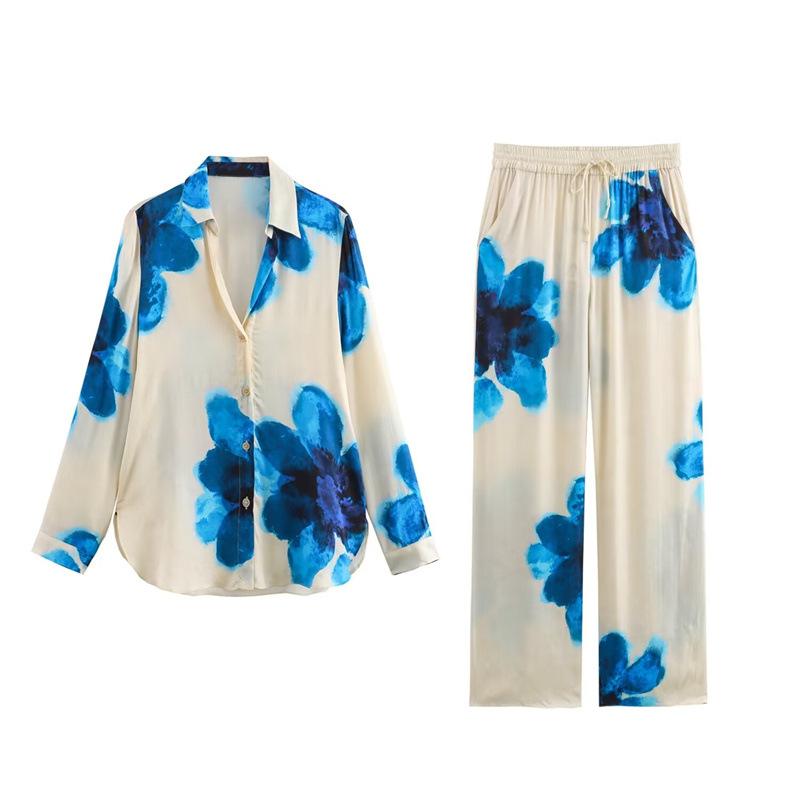 Women's Print Pants Sets Green Blue Floral Stain Long Sleeve Shirt+Elastic Waist Lace-Up Pants Woman Sets Beach Style