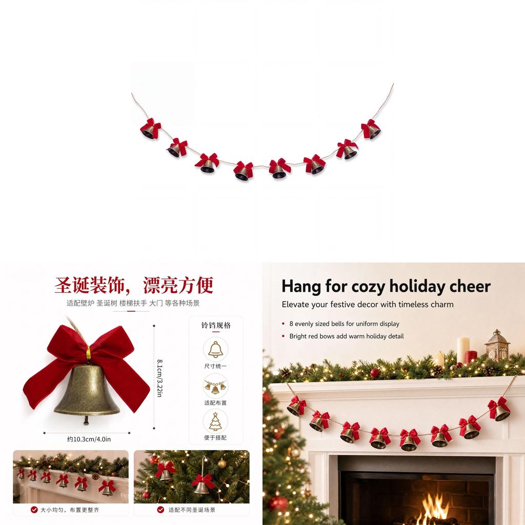 Christmas Bell Decorations Set With Red Bows And Vintage Brass Style For Holiday Tree And Staircase Decor