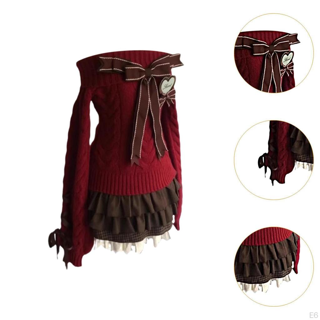 Knit Sweater with Off Shoulder and Pleated Skirt Set for Outings