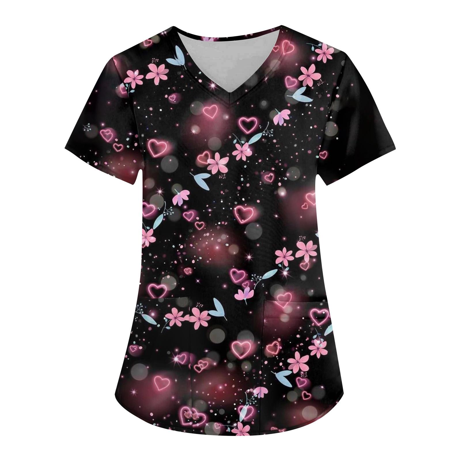 

Женская модная рабочая одежда с v-образным вырезом, коротким рукавом и карманом с принтом ко Дню святого Валентина XXXL чёрный