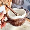 Unique Textured Breakfast Bowl Vintage Coconut Shell Ceramic Mug, Handmade Irregular Coffee Cup with Spoon, Cereal Mug Rustic Texture Oatmeal Tea for