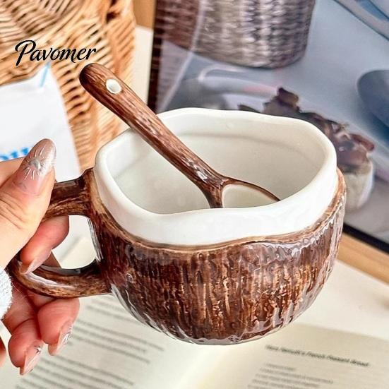 Unique Textured Breakfast Bowl Vintage Coconut Shell Ceramic Mug, Handmade Irregular Coffee Cup with Spoon, Cereal Mug Rustic Texture Oatmeal Tea for