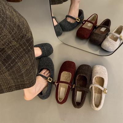 Mary Jane Schuhe für Damen, für Winter und Herbst, lässig, rutschfest, mit Knöchelriemen, flache Schuhe für Büro und Arbeit, quadratische Zehenpartie, Fleece, Mary Jane Flats für Damen