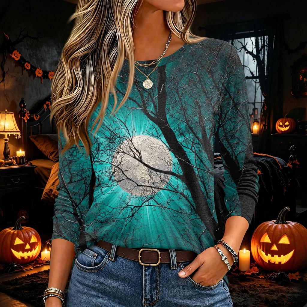 Women's Halloween Print Long Sleeve Neck Pullover T-Shirt for Fall