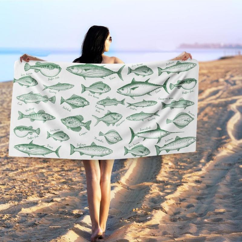 

Fish Beach Towel, Boho Fishing Sand Beach Towels Gifts for Men Women Adults, Vintage Green Fish Quick Dry Bath Pool Towels for W30*H60(CM)