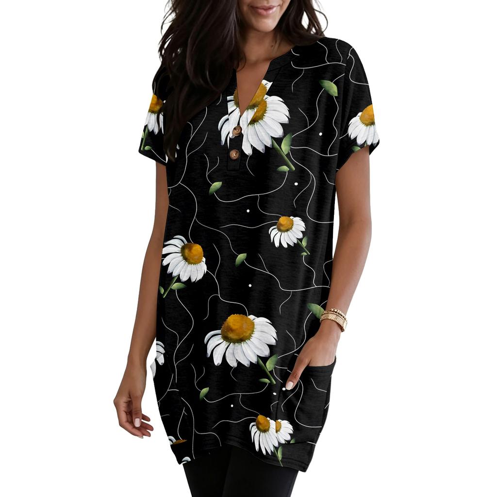 Women's V-Neck Vintage Floral Print Short Sleeve Pullover Top with Pocket