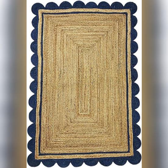 Aizza Trends Indian Handmade Braided Natural Jute with Navy Blue Scalloped Design Area Rug- Jute Rug- Dining Room- Living Room