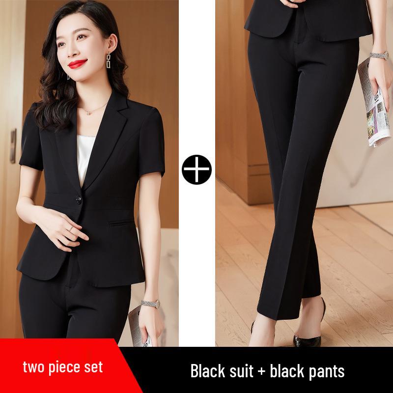 Women's Thin Black Blazer with Short Sleeves - Summer Professional Suit Set for Formal Work