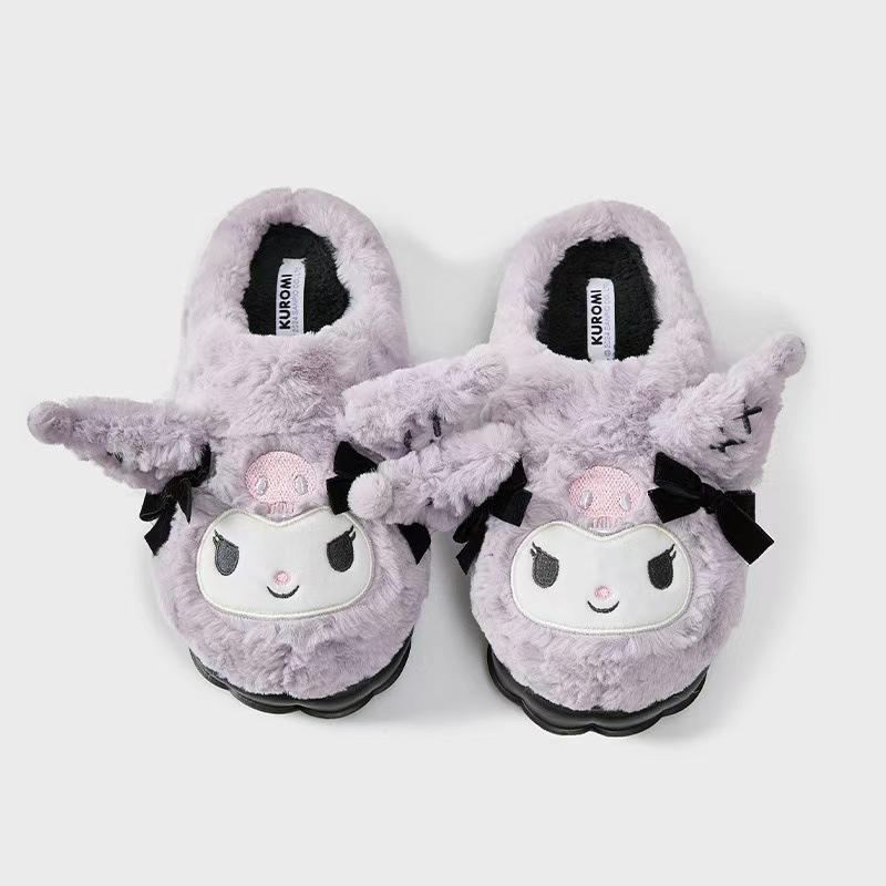 Black Kuromi Plush Cotton Slippers for Women - New Autumn/Winter 2024 Style, Thickened & Warm.