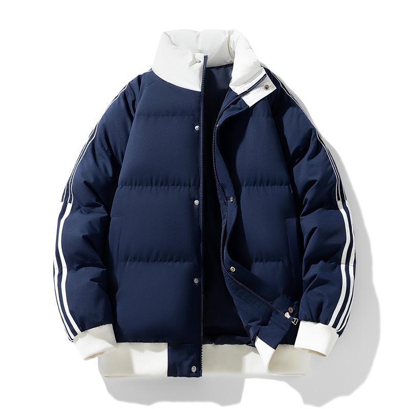 Men's Winter Color Block Stand Collar Jacket: Thick, Warm, Trendy, Versatile, and Casual Striped Outerwear for Couples