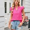Women European Style Casual Summer Hollow Out Embroidery Flounce Sleeve V Neck Shirt
