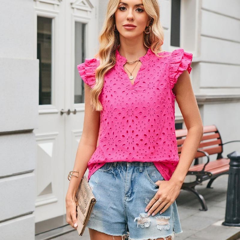 Women European Style Casual Summer Hollow Out Embroidery Flounce Sleeve V Neck Shirt