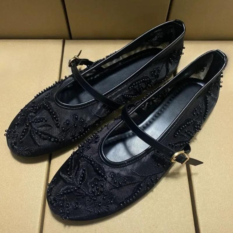 Fashion Black Mesh String Bead Ballet Flats Women Elegant Embroider Flower Buckle Mary Jane Shoes Comfort Round Toe Brand Designer Shoes