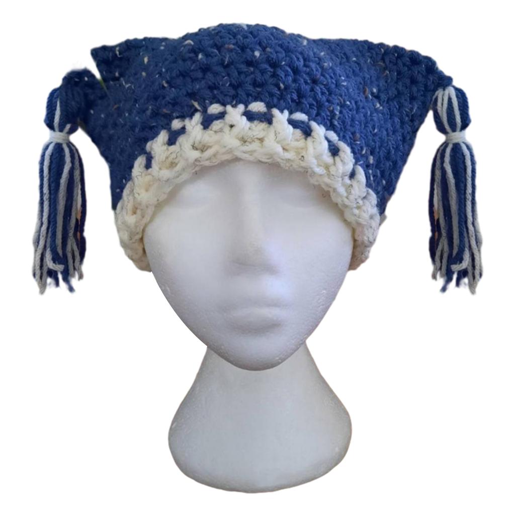 Knit Stripe Pattern Cat Ear Hat Elastic Windproof Hat with Tassels Decor Ear Protector Hat Winter Cycling Skiing Hat