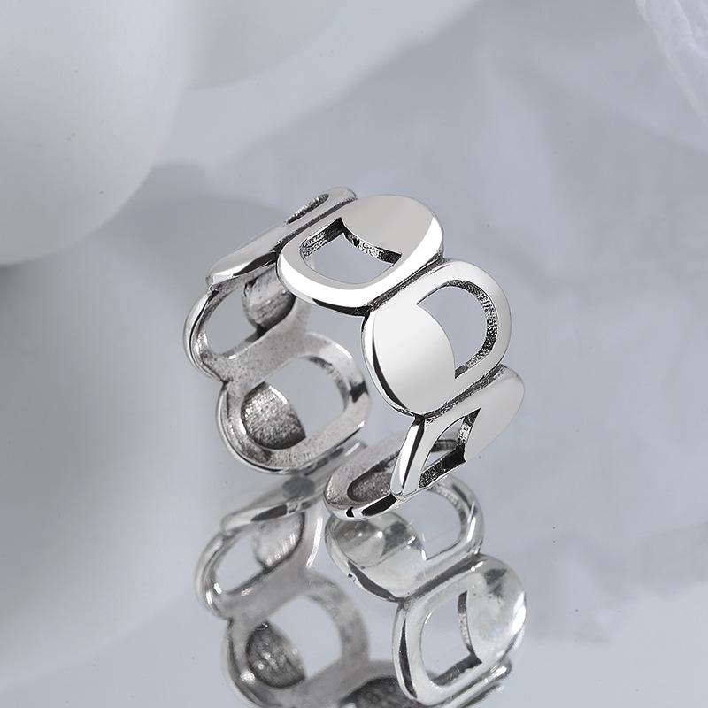 S925 Sterling Silver Retro Thai-Style Hollowed Blackened Ring for Women - High-End European Style