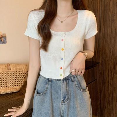 T-shirt for Women In Summer New Sweet Spicy Pure and Slim Design Short Sleeves Front Shoulder Slim Short Knitted Top