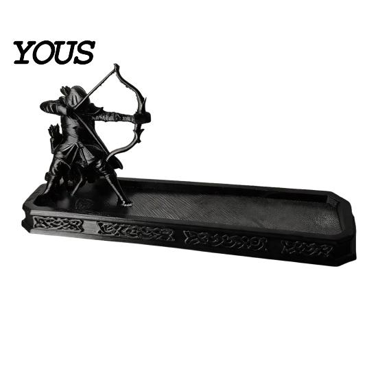 Unique Gift for Gamers Incense Holder with Catch Tray, Archer Warrior Figurine Burner, 3D Printed Matte Black Resin Decor Decorative Stick Stand Desk,