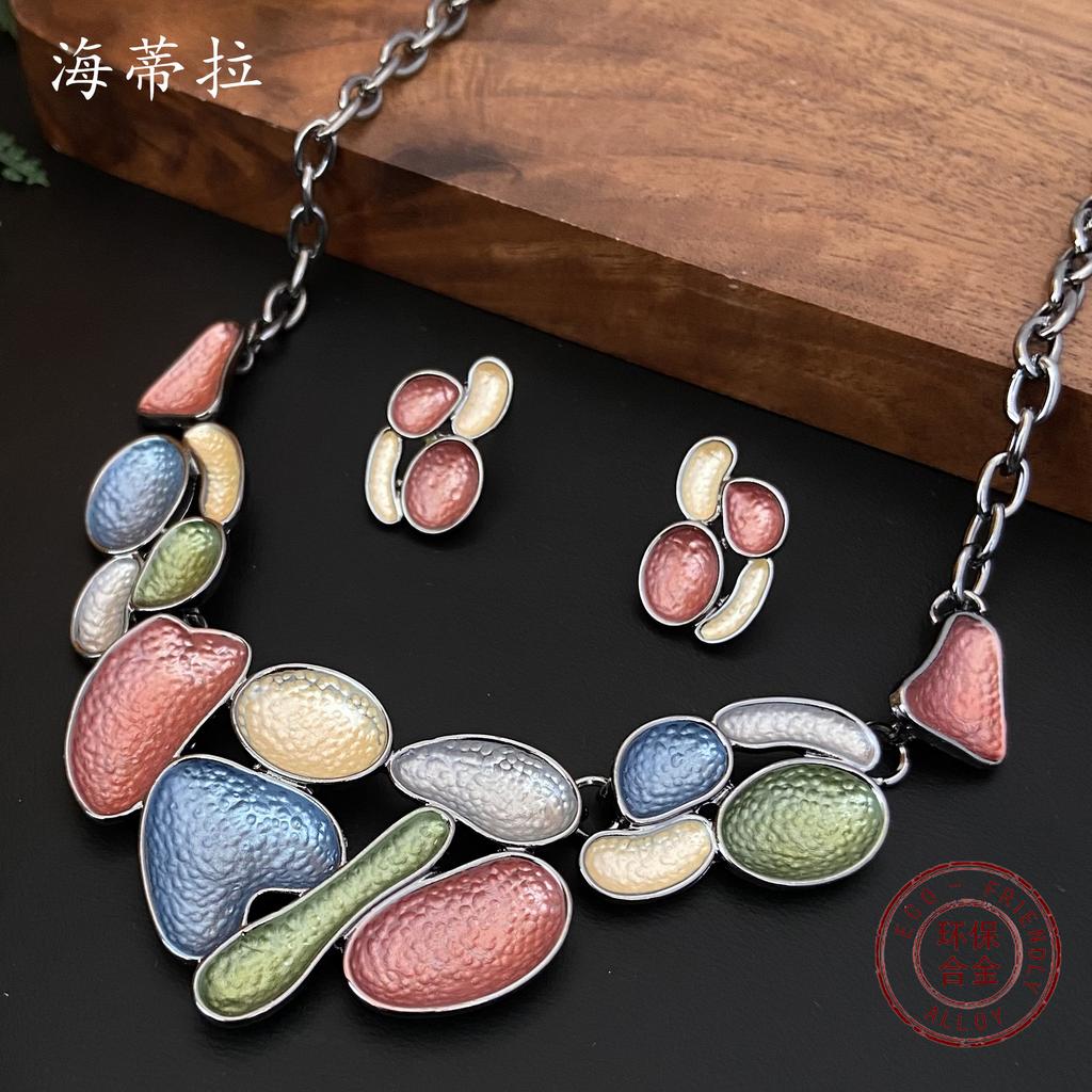 Farbe Malerei Öl Geometrisch Vergoldet Halskette Ohrringe Set Mode Damen Premium Blütenblatt Accessoires