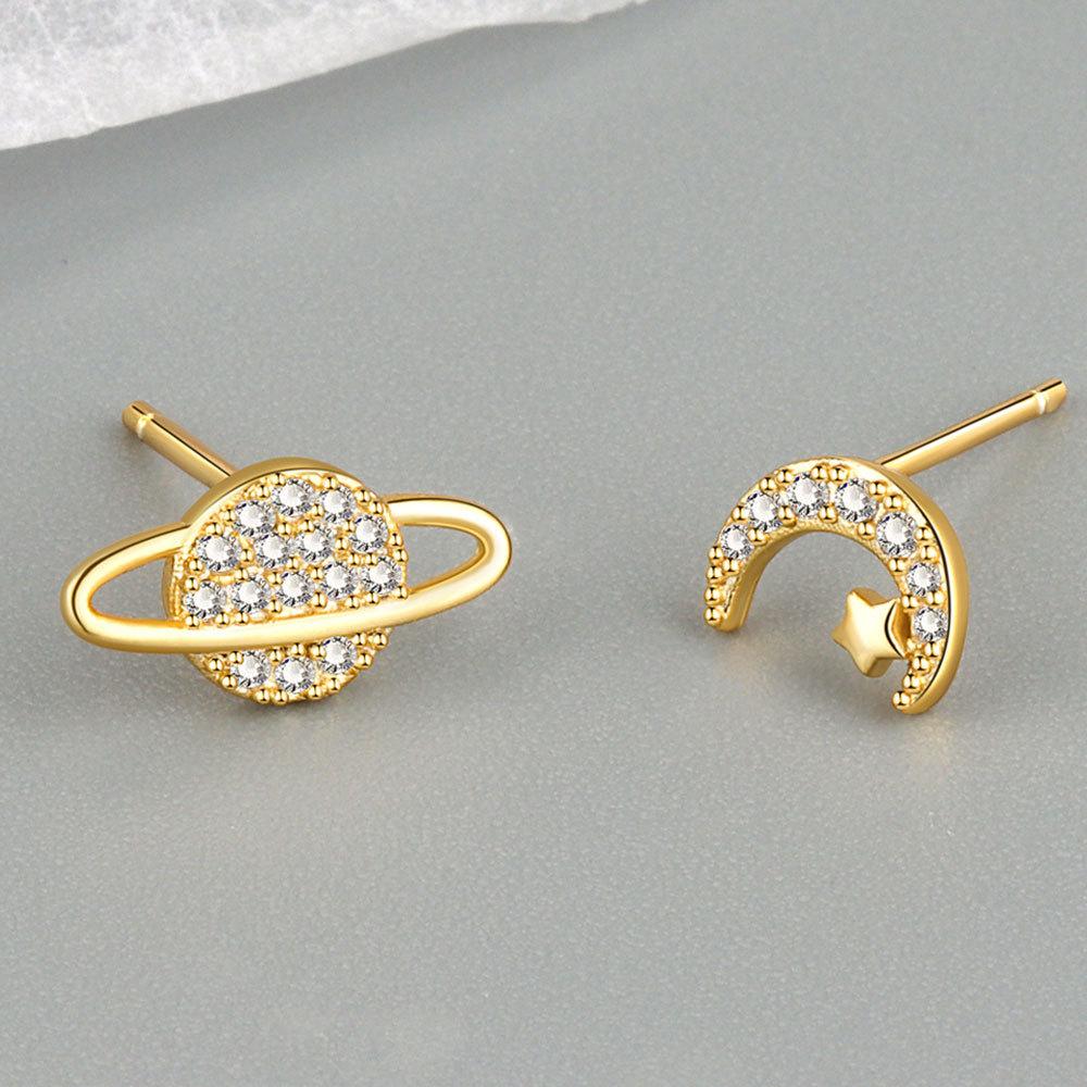 Niche Asymmetric Moon And Planet Stud Earrings For Women Elegant Personality Versatile Ear Jewelry золотой