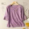 Women's Cotton Linen Embroidered Retro Shirt, Seven-Sleeve with Frog Button, Loose Plus Size Summer Top