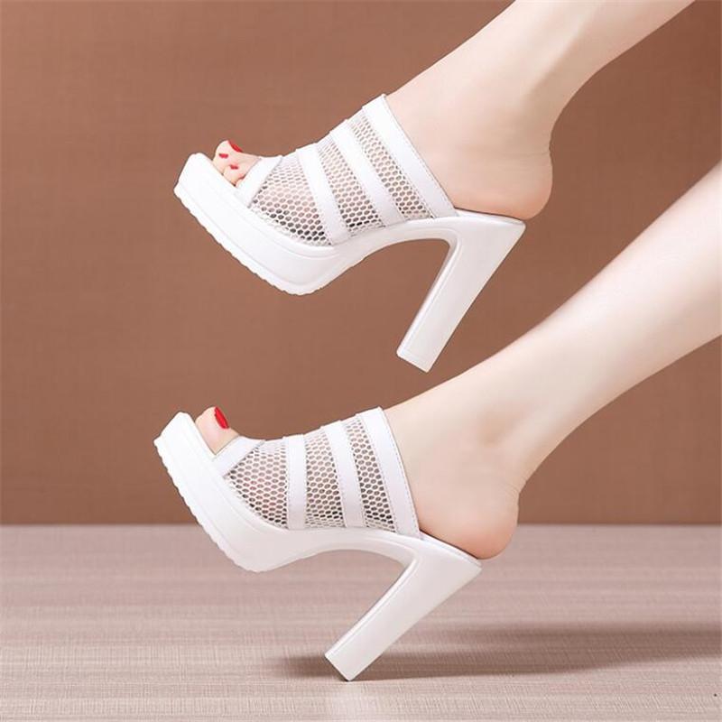 Fashion Plus Size 32-43 Open Head Block Heel Platform Slippers Summer Women Sandals Elegant High Heels Slides Office Party Shoes