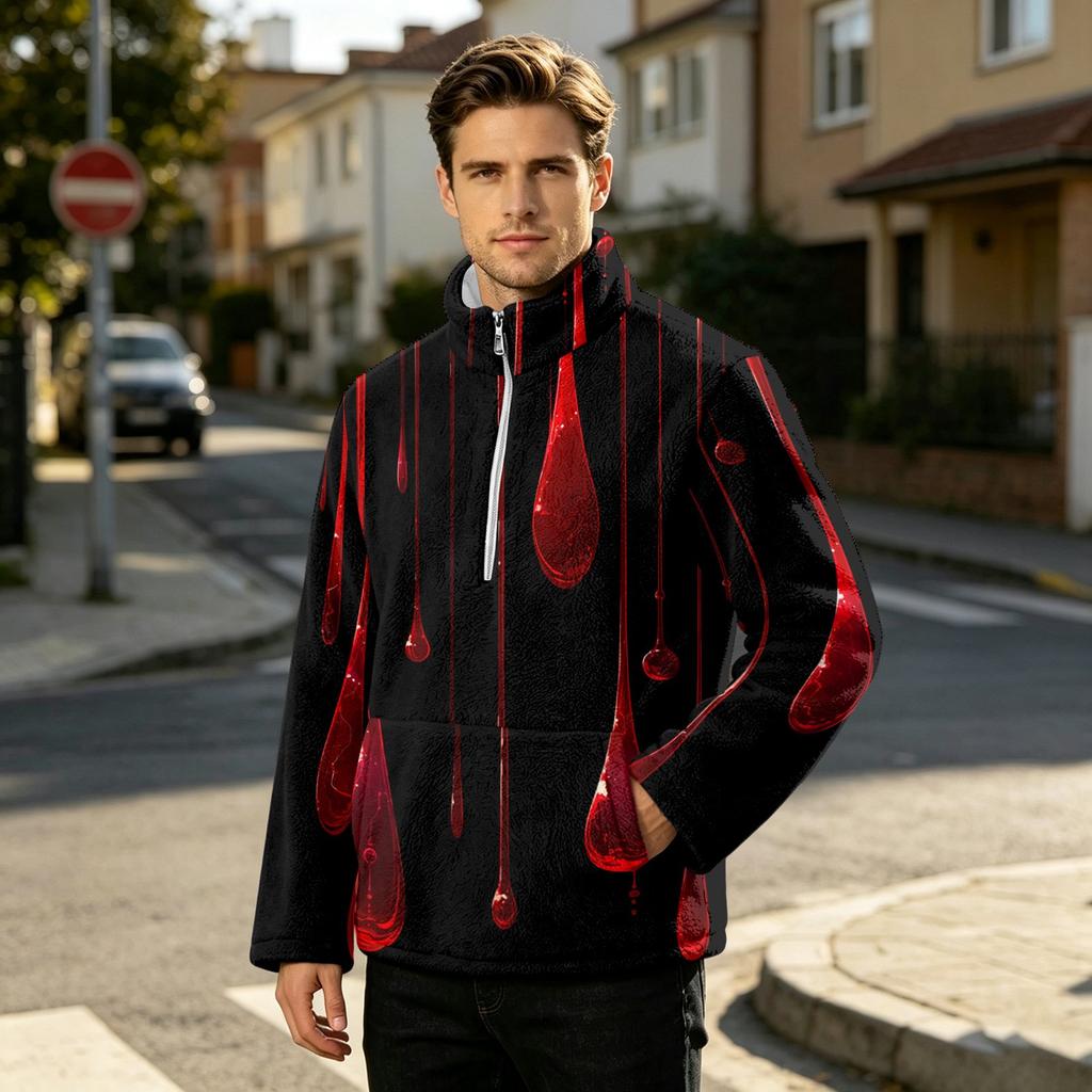 Men's Halloween Print Flannel Zip-Up Sweatshirt, Plus Size Stand Collar Casual Fall Winter Top
