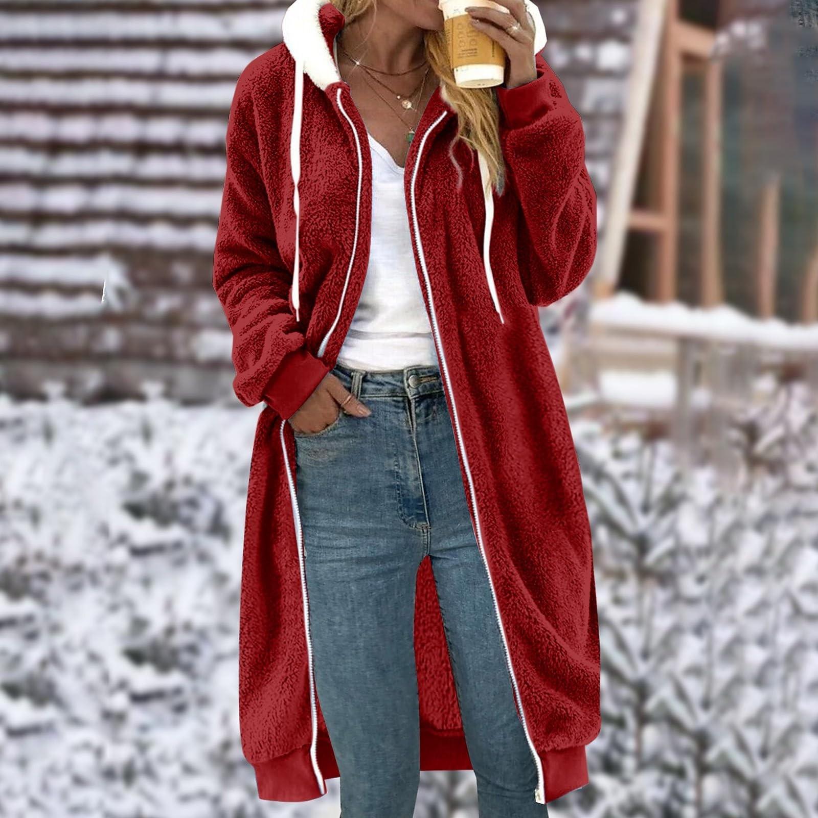 

Женское однотонное двустороннее плюшевое пальто средней длины с капюшоном и карманами XXXXXL винный