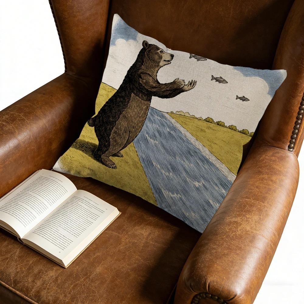 Vintage Bear Catching Fish Pillowcase Artistic Animal Throw Pillow Cover Peach Skin Decorative Cushion Case For Sofa Living Room