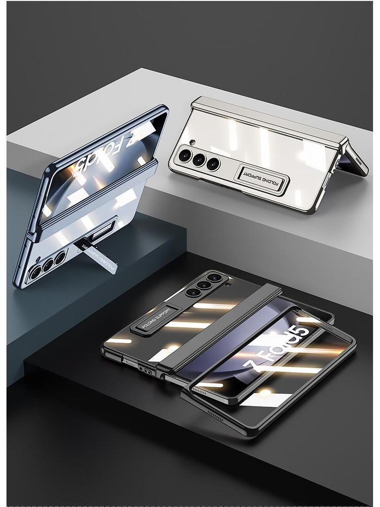 Samsung Z Fold5 Phone Case: Electroplated Transparent Hinge, Foldable Full Coverage with Bracket Protection.