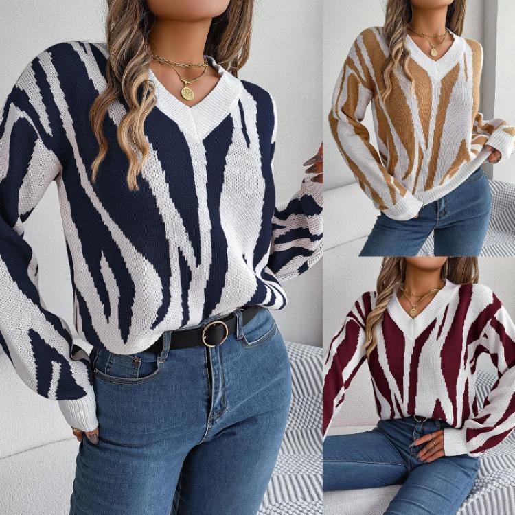 Color Print Loose Knitwear V Neck Cardigan Sweater Long Sleeve Vintage Autumn Winter Top