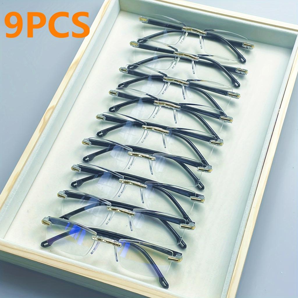 9-Pack Vintage Style Rimless Reading Glasses - Rectangular Frame Blue Light Blocking Anti-Fatigue Unisex Lightweight PC