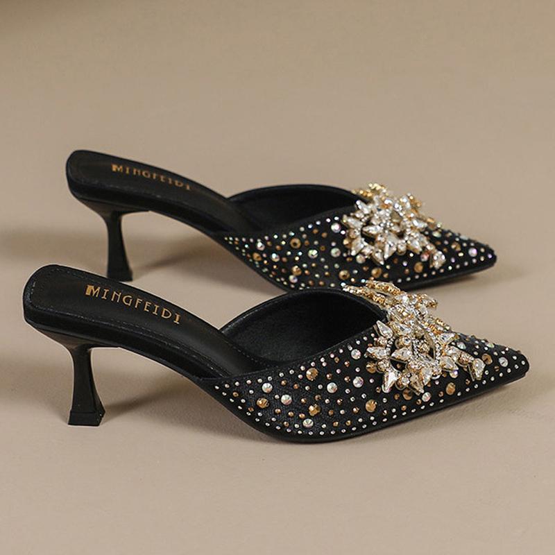 Fashion Delicate Crystal High Heels Shoes Ladies Fox Buckle Slippers Thin Heel Pumps Women Pointed Toe Mules Slides Brides Party Tacones
