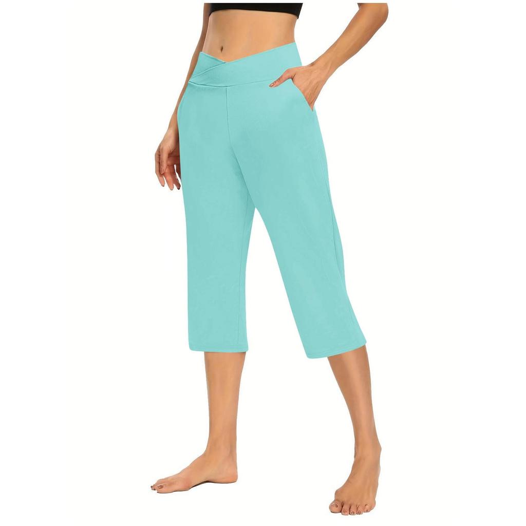 Women  Elastic High Waist 3/4 Pant Casual Active  Fit Wide Capris Leg Pants Trousers With Pockets