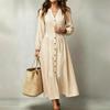 Women's Long Sleeve Stand Collar Maxi Dress with Single-Breasted Waist-Cinching Flared Hem for Vacation